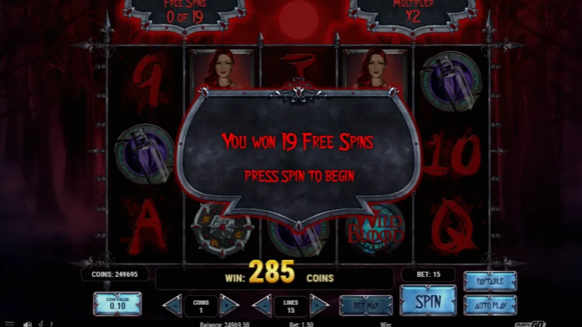 Interface do jogo de slot Wild Blood com tema gótico