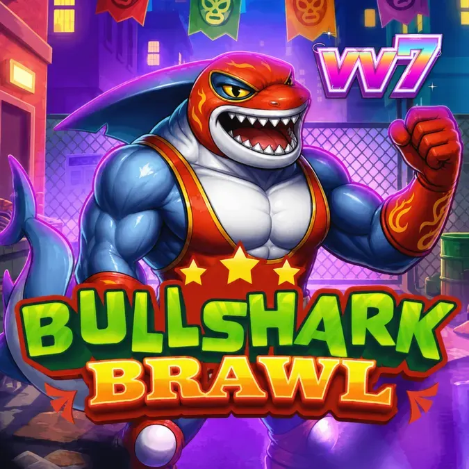 Interface do jogo de slot Bullshark Brawl com personagens tubarões lutadores